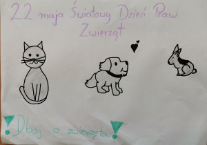 Autorzy: Nikola Serwik i Julia Sybilska z kl. 6 a Na obrazie widnieją zwierzaki: kot, pies i królik, a napis głosi „Dbaj o zwierzęta!”.